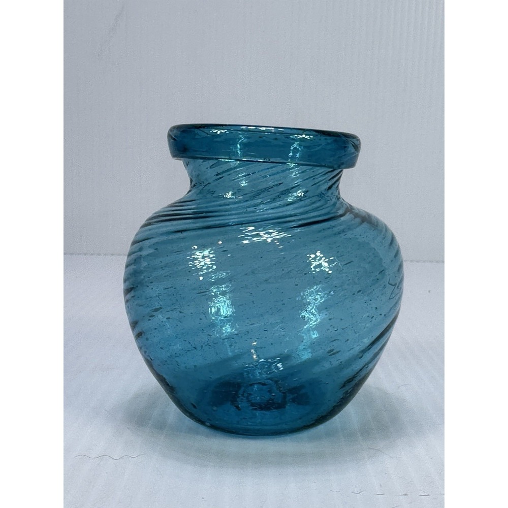 Vintage Hand Blown Blue Swirl Art Glass Vase Folded Lip Pontil